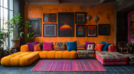 Cozy living room with vibrant decor and colorful seating arrangement in a stylish urban apartment