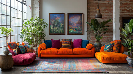Bright and inviting living room with colorful sofas and lush plants in a modern space