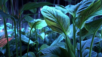 Obraz premium Lush greenery illuminated by soft lighting casts serene shadows