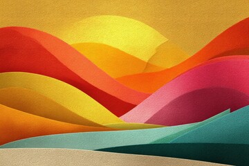 Colorful, abstract, wavy landscape under a warm sun, vibrant and textured