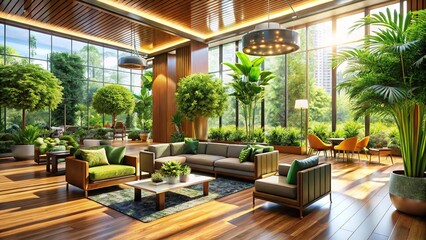 Fototapeta premium Luxurious Hotel Lobby, Green Plants, Natural Light