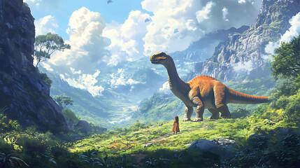 A little girl befriending a giant gentle dinosaur