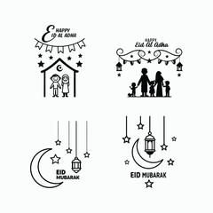 Eid Al Adha Lettering Mubarak Greeting Card – Minimalist Typography with Crescent Moon and Lantern.