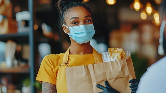 African American female cafe worker wears face mask and gloves giving takeaway food bag to customer. Mixed race waitress holding takeout order standing in coffee shop restaurant with take away client