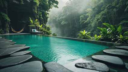 An infinity pool blends perfectly with a tropical rainforest, providing a luxurious and relaxing experience.