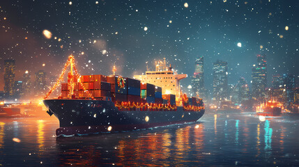 Obraz premium Cargo Ship Navigating: A large cargo ship, laden with shipping containers, sails gracefully across the serene water, city lights reflecting on the water.