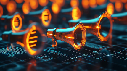 Digital marketing concept with glowing icons of charts and megaphones