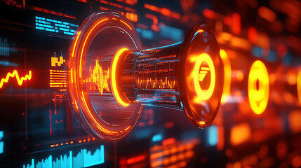 Digital marketing concept with glowing icons of charts and megaphones