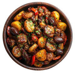 Extreme top view of a perfectly perfect looking tapas de pisto in a dark wooden platter isolated on a white transparent background