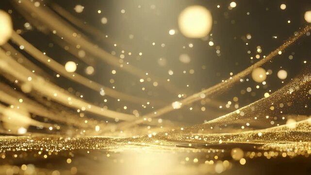 金色の粒子とリボン状の光の線が滑らかに流れる高級感ある抽象映像