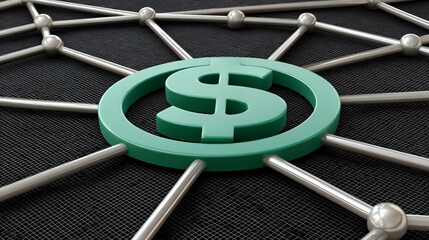 A floating green dollar emblem connected by sharp blue wireframe lines to financial graph nodes on a dark grid for modern finance visuals