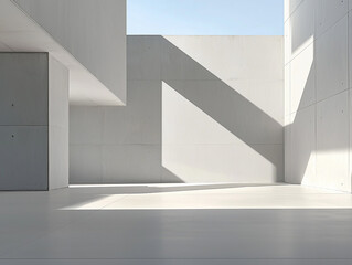Fototapeta premium Sunlight filters through an empty concrete room, casting dramatic geometric shadows, enhancing the modern and tranquil ambiance of the minimalist space.