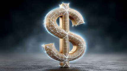 Dynamic digital artwork of a dollar icon sliced by neon blue polygons and data beams over a dark, textured background for investment concept art