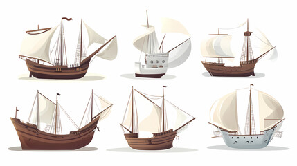 Sailing Vessels Set: A collection of meticulously illustrated sailing ships, each representing an era of exploration, adventure, and maritime history. With classic forms and flowing sails.