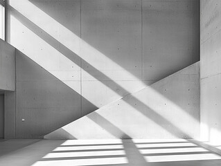 Sunlight filters through an empty concrete room, casting dramatic geometric shadows, enhancing the modern and tranquil ambiance of the minimalist space.