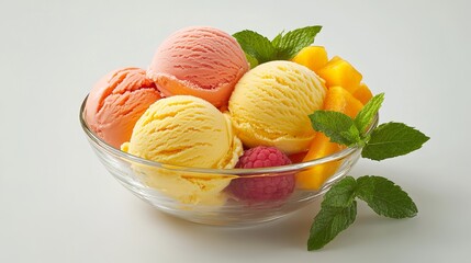 Gourmet ice cream scoops in a glass bowl with fresh fruit and mint leaves