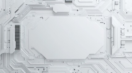 Abstract white technological circuit board background with central empty space.