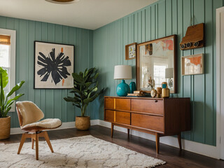 Mid-century modern living room design home interior stylish environment cozy atmosphere contemporary viewpoint