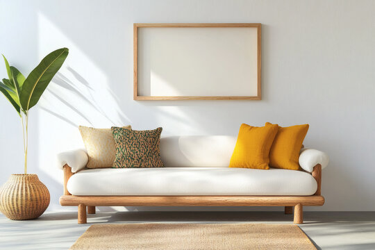 Scandinavian interior design of modern living room. White sofa with pattern pillows and rustic furniture. Mock up frame on white wall.