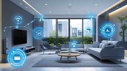 Smart home interior with voice-controlled lighting and AI assistant devices