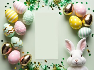 Easter party. Top view photo of easter bunny ears white, pink, green, yellow eggs and confetti 5