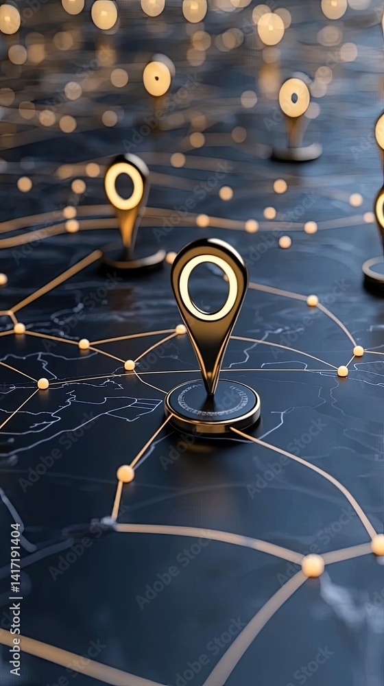 Poster glowing map pins and route lines form a vibrant digital backdrop, illustrating location tracking wit