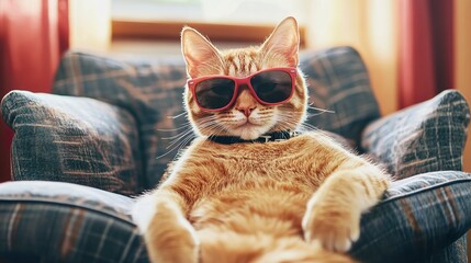 Stylish cat wearing sunglasses and sitting on a lounge chair