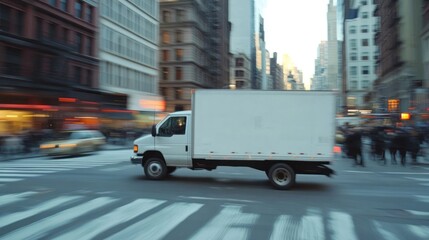 White delivery truck driving through a busy city street with motion blur.
