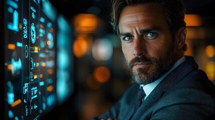 Obraz premium A business leader stands confidently beside a high tech touchscreen display long title A serious well dressed business executive stands in a