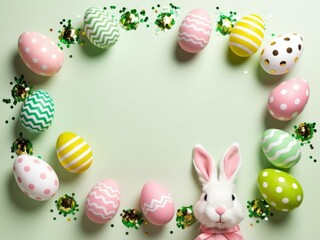 Easter party. Top view photo of easter bunny ears white, pink, green, yellow eggs and confetti 6