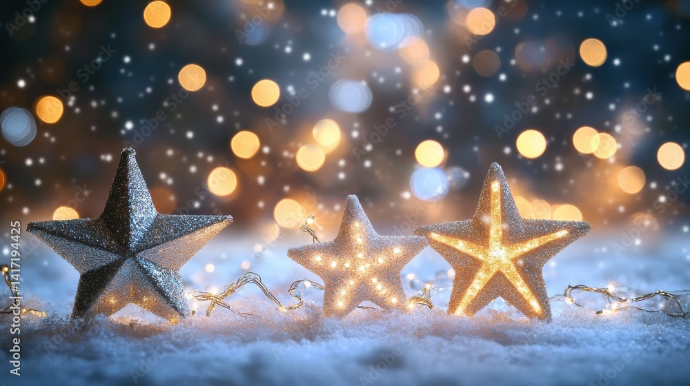 Aufkleber soft, blurred background of white snow with bokeh lights and sparkling stars, creating an enchanting