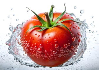 Juicy Red Tomato Splashing in Water Droplets