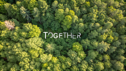 Naklejka premium Full-frame drone view of dense green forest canopy with central word “TOGETHER” — symbolic horizontal image perfect for Earth Day, environmental unity campaigns, and sustainability-focused visuals
