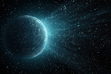 glowing planet in dark cosmic space, surrounded by shimmering stars and light trails, evokes sense of wonder and exploration in vast universe