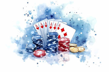 Casino Game's Elements: An artistic illustration showcases casino poker elements, including playing cards, poker chips, and coins, all set against a vibrant blue watercolor backdrop. 