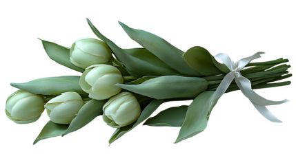 Freshly cut tulips lying flat with ribbon tied around stems, clean and realistic, white background