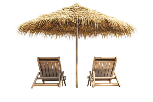 Two beach chairs and a straw umbrella on the sand, isolated on a transparent background PNG