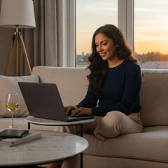 Fototapeta premium A woman sitting on a couch using a laptop