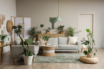 Interior of stylish living room with grey sofas, coffee table and houseplants