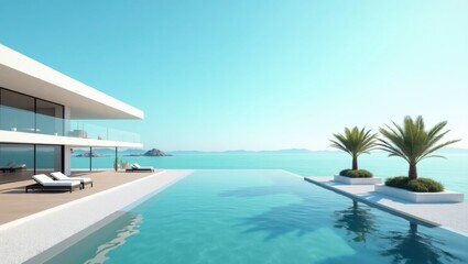 Fototapeta premium Modern house with a pool surrounded by lush landscape creating a vibrant and inviting outdoor living space