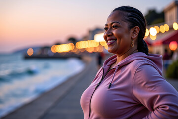 A joyful, dark-skinned woman with braided hair and a radiant smile stands by the waterfront, wearing a pink jacket, her full figure and ample breasts softly illuminated by the warm, ambient lighting.