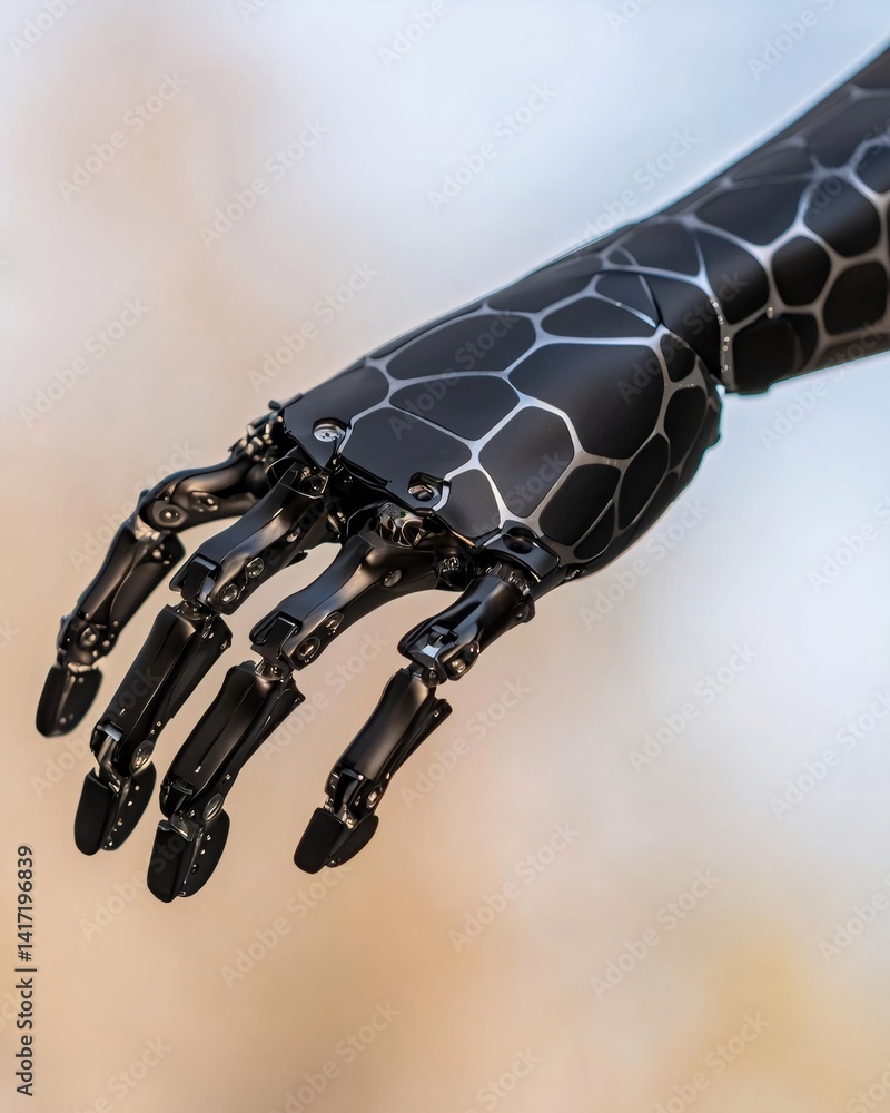 Aufkleber black robotic hand with mechanical fingers and geometric pattern design. artificial intelligence and