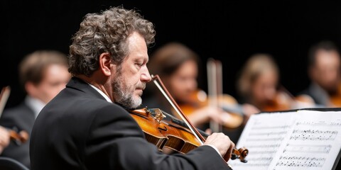Fototapeta premium Classical musician plays violin in orchestra during symphony concert performance. Professional violinist reading music sheet. Entertainment and culture art concept