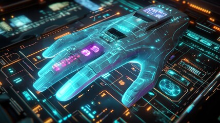 Obraz premium Futuristic glove on circuit board, tech background
