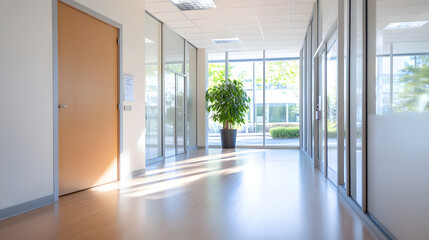 Obraz premium Blurry office corridor with a door corporate building interior view modern environment professional concept
