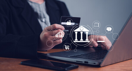 Businessman showing online banking and network connection icons. Online payment, shopping, business technology and finance concept.