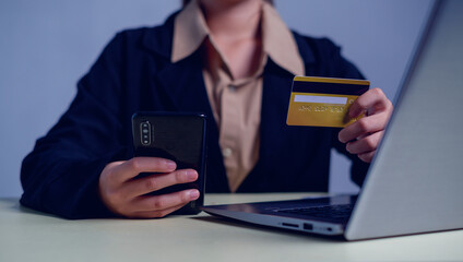 online shopping concept. hands holding credit card and using smart phone. shopping online payment by using smart phone.