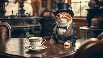 cat with a cup of coffee