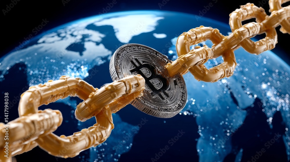 Poster digital representation of bitcoin linked with a chain above earth, symbolizing cryptocurrency and gl