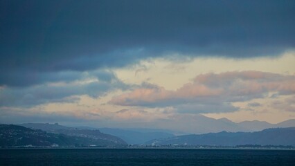 Wellington New Zealand bay on a cloudy sunset